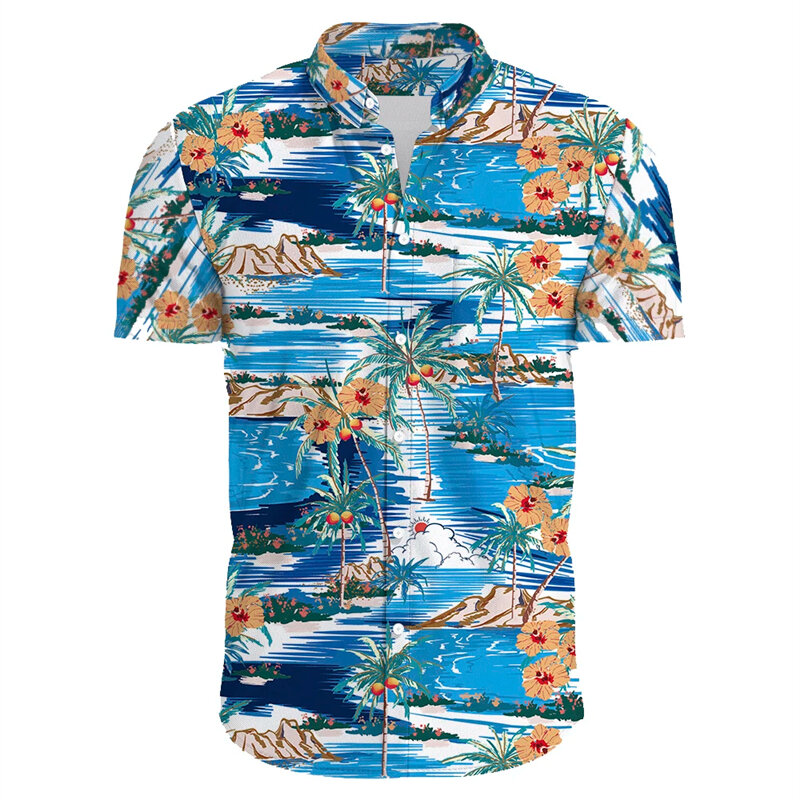 Рубашка мужская с цветочным принтом, блуза с коротким рукавом, повседневная приталенная, с 3D принтом, В гавайском стиле
