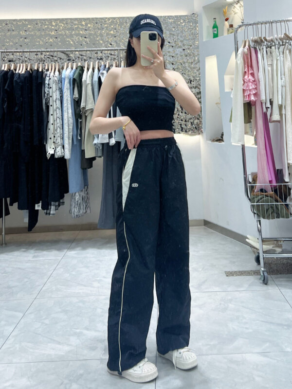 Celana Olahraga Vintage Wanita Y2K Celana Olahraga Parasut Longgar Pakaian Jalanan Celana JOGGER Kaki Lebar Hip Hop Longgar Mode Korea