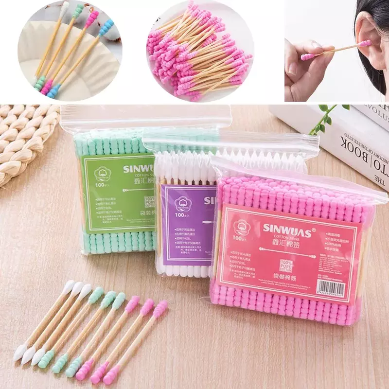100PCS Cotton Swabs Disposable Cleaning Buds Swab Pointed Swab Applicator Wooden Sticks Applicator Colorful Cleaning Tool