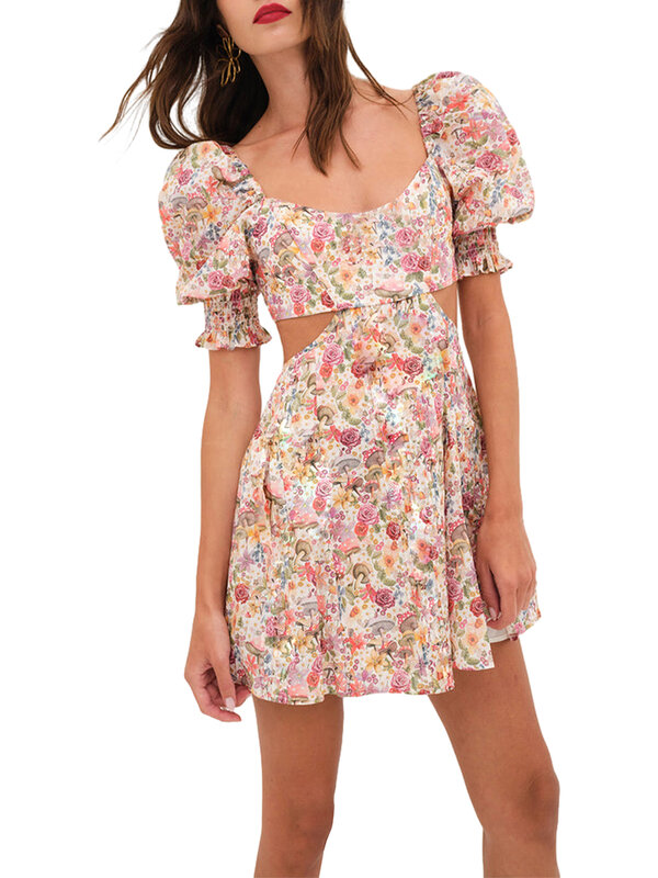 CHQCDarlile-Mini robe fleurie décontractée pour femmes, style boho, manches courtes bouffantes, col carré, dos nu, découpée, robe courte de plage, été