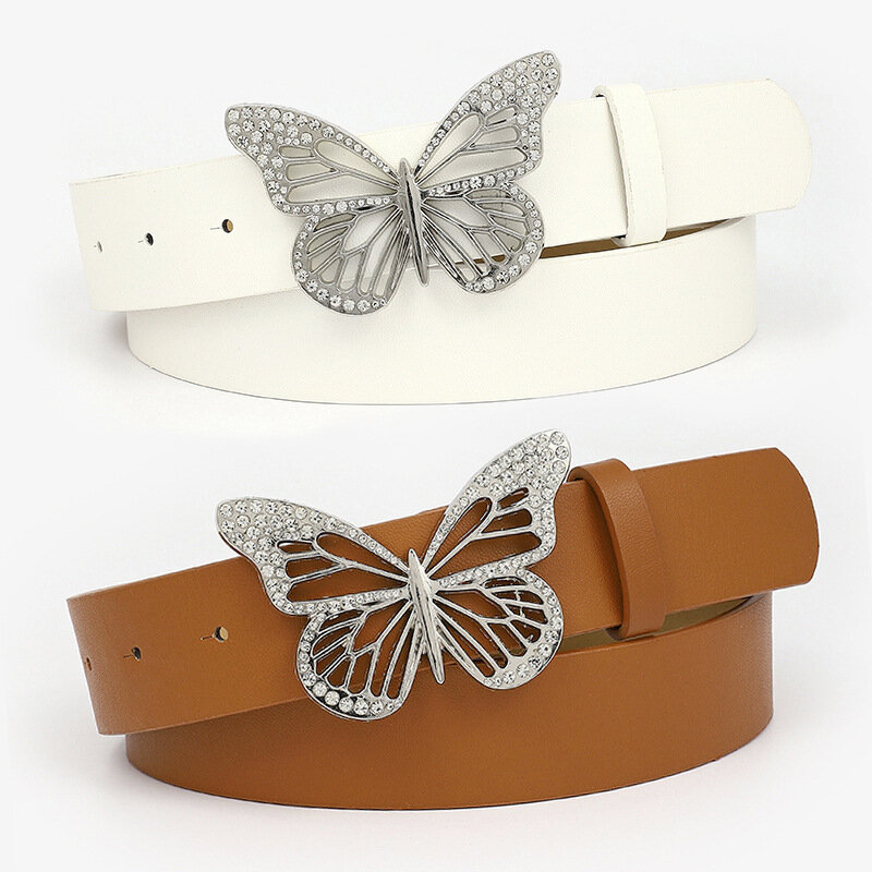 Cinturón de hebilla de mariposa de diamantes de imitación para mujer, cinturón de moda Simple que combina con todo, diseño de lujo, PU, emparejada Falda vaquera, 3. 3x107cm