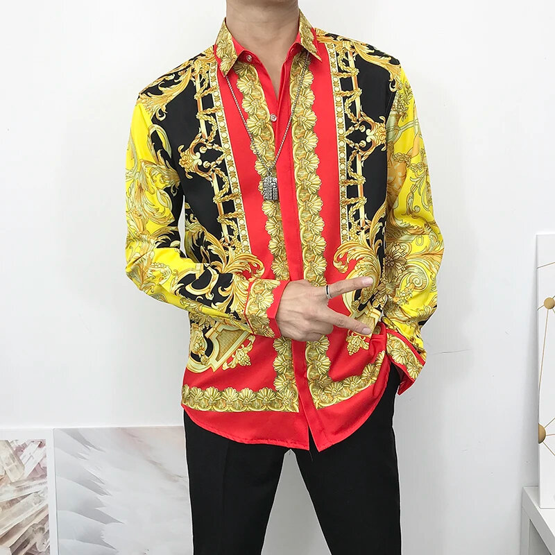 Newest Autumn Shirts For Men 3D Baroque Long Sleeve Luxury Social Shirt V-neck Oversized Tops Tees Shirt Homme Autumn Clothin