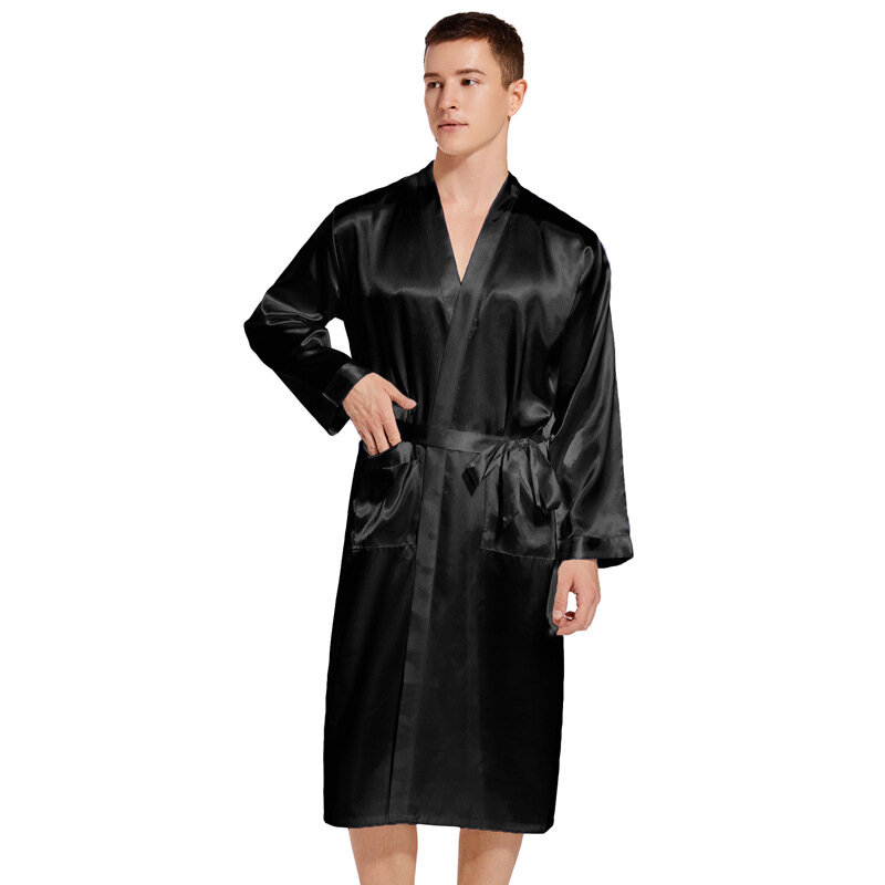 Spring Summer Men's Thin Imitation Silk Pajamas Solid Color Long Sleeve Cardigan Bathrobe Oversized Loose Home Sleepwear
