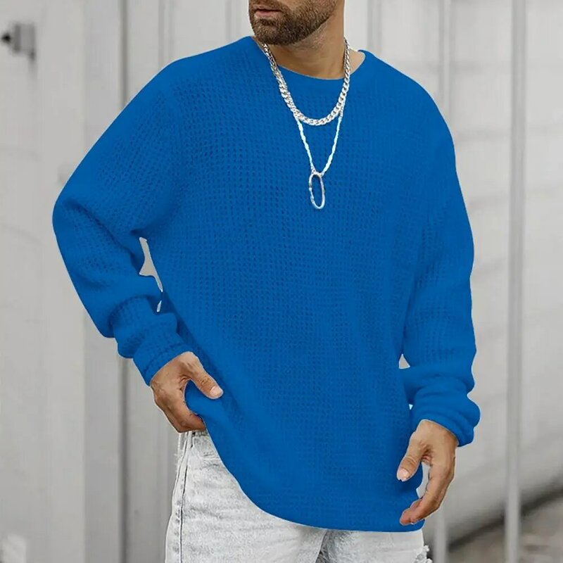 Men Casual Sweater Loose Pullover Sweater Round Neck Knitted Waffled Texture Mid Length Soft Warm Male Sweater Ropa Hombre