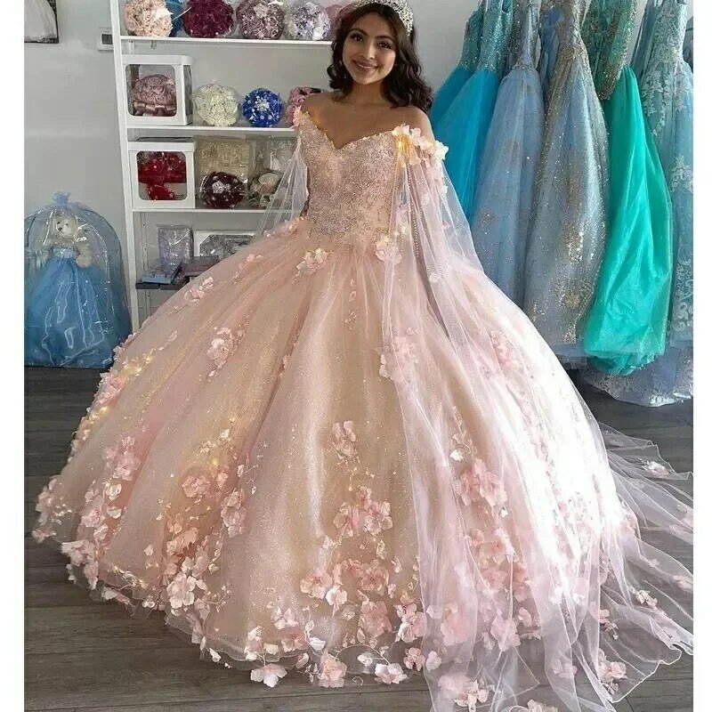 Vestidos Quinceanera com alça, vestido de baile rosa, renda 3D, capa de aplique, vestidos de princesa aniversariante, 15 festas, 15