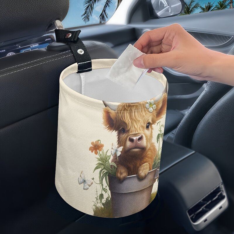 1pc Cow Pattern Storage Bucket, Printed Portable Storage Bag, Car Hanging Trash Can, Car Interior Accessories, Car Organization