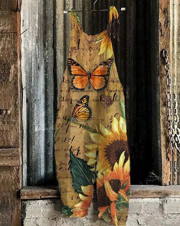 จั๊มสูทผู้หญิงพิมพ์ลายผีเสื้อเม่นขาหลวมรอมเปอร์แขนกุดลายดอกไม้นกฮูก
