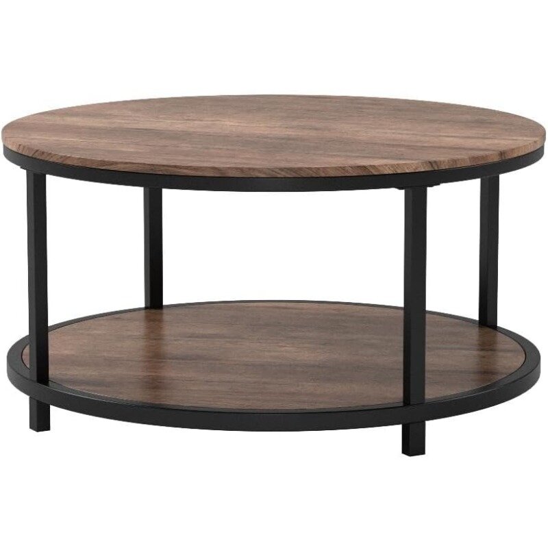 NSdir 거실용 원형 커피 테이블, 36 인치 커피 테이블, 2 단 소박한 목재 데스크탑, 보관 선반 포함, 모던 디자인 홈