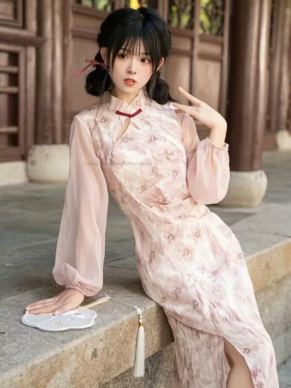 Vestido cheongsam hanfu estilo chinês para mulheres, uma linha qipao, estilo gracioso, casual, vestido de chiffon diário aprimorado para senhora