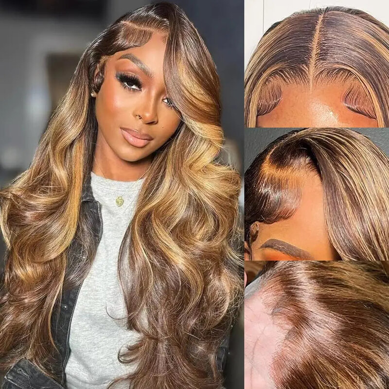 Highlight Wig Human Hair Body Wave Ombre Colored Honey Blonde Lace Frontal Human Hair Wigs for Women Ombre Lace Front Wig