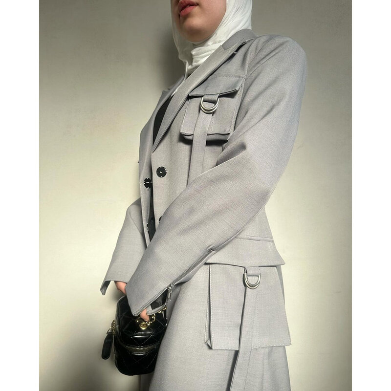 그레이 포멀 무슬림 여성 정장, 피크 라펠 싱글 브레스트 롱 블레이저, 맞춤 제작 1 피스 재킷, 아바야스 럭셔리 의상 의류