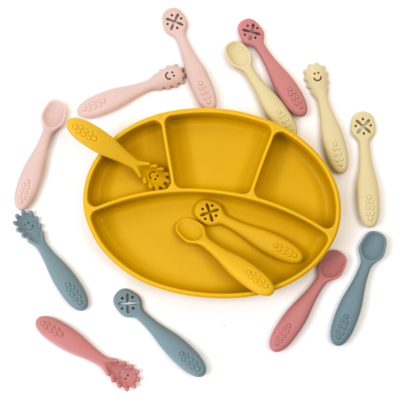 Colher e garfo de silicone para bebê, conjunto de utensílios, alimentação, criança aprende a comer, treinamento, talheres macios, talheres infantis, 3 peças