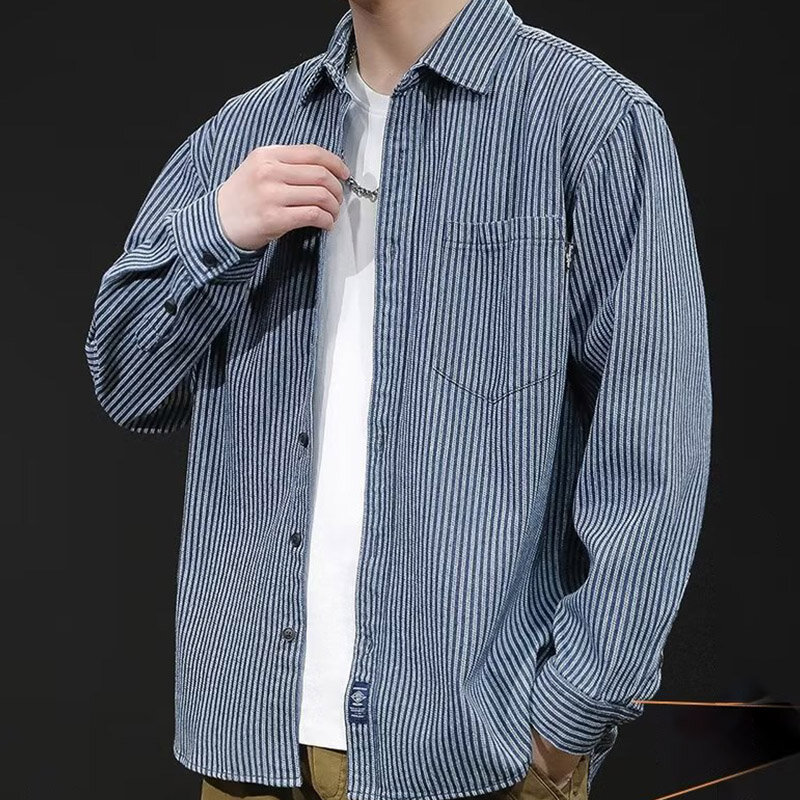 Camisa de manga larga de mezclilla a rayas Vintage para hombres, chaqueta de viaje de negocios cubana, solapa azul oscura de alta calidad, camisa de botonadura única