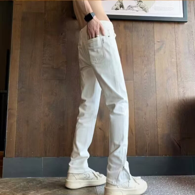 Celana panjang Jeans ritsleting ramping pria, celana panjang lurus gaya Amerika unik Vintage pinggang tinggi, pakaian jalanan klasik Semua cocok