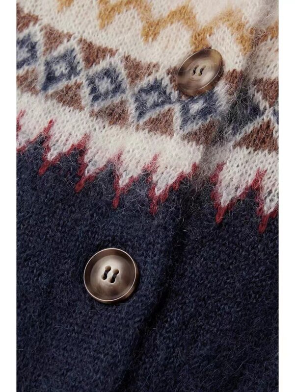 Damski sweter Reto z dekoltem w kształcie litery O, jednorzędowy, 2024, nowy damski szydełkowy, kontrastowy, geometryczny, żakardowy kardigan