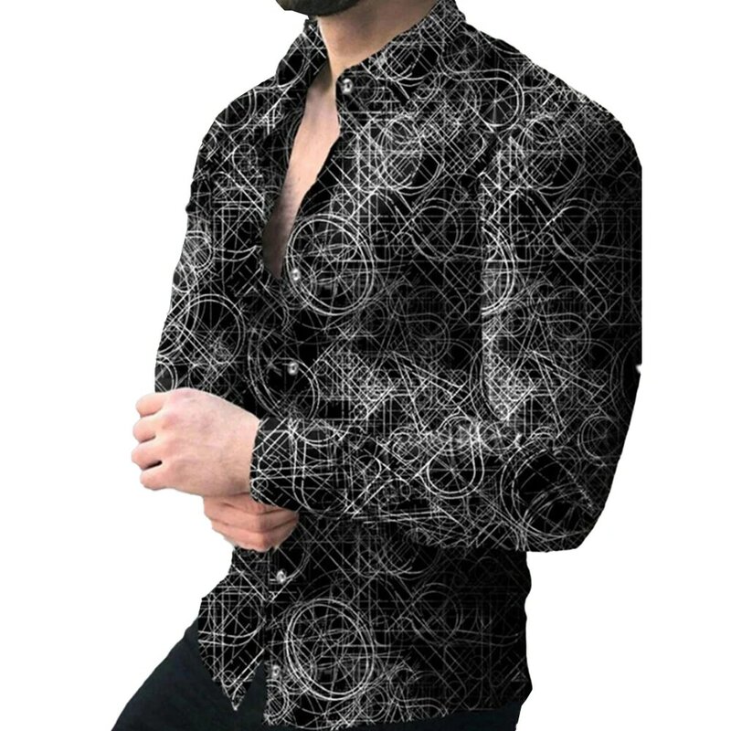 Camisa casual com design barroco masculino, mangas compridas, estilo abotoado, ideal para treinamento físico e trajes de festa