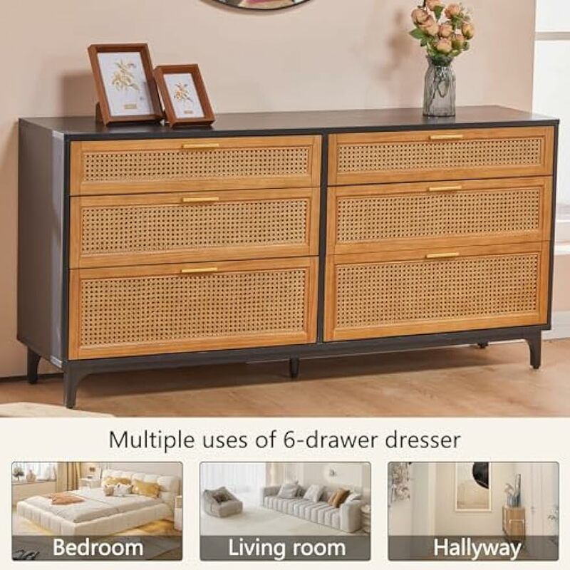 Rattan 6 Drawers Dresser, Chest of Drawers for Bedroom, Retro Tall Storage Drawers Dresser for Living Room, Entryway, Hallway