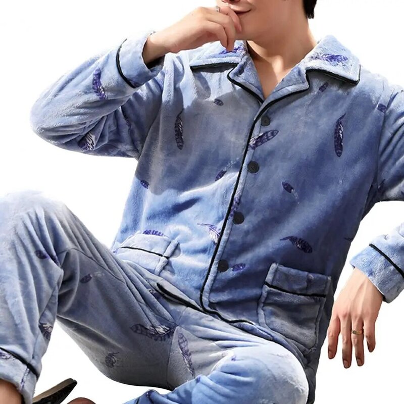 Conjuntos de pijama de flanela quente grossa masculina manga comprida, veludo coral, botões cardigan, terno pijama de inverno, roupas homewear