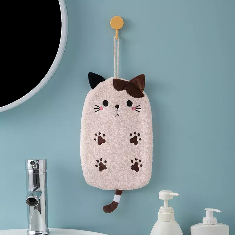 Coral Velvet Flat Cat Embroidered Hand Towel Bathroom Hanging Absorbent Towel Kitchen Bathroom Dual Purpose Square Towel