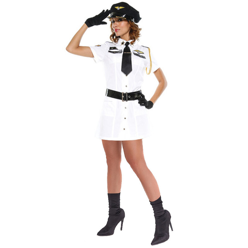 Hete Verkoop Volwassenen Marine Officier Vlucht Kapitein Uniform Pak Zwart Wit Kapitein Sexy Kostuum Voor Vrouwen