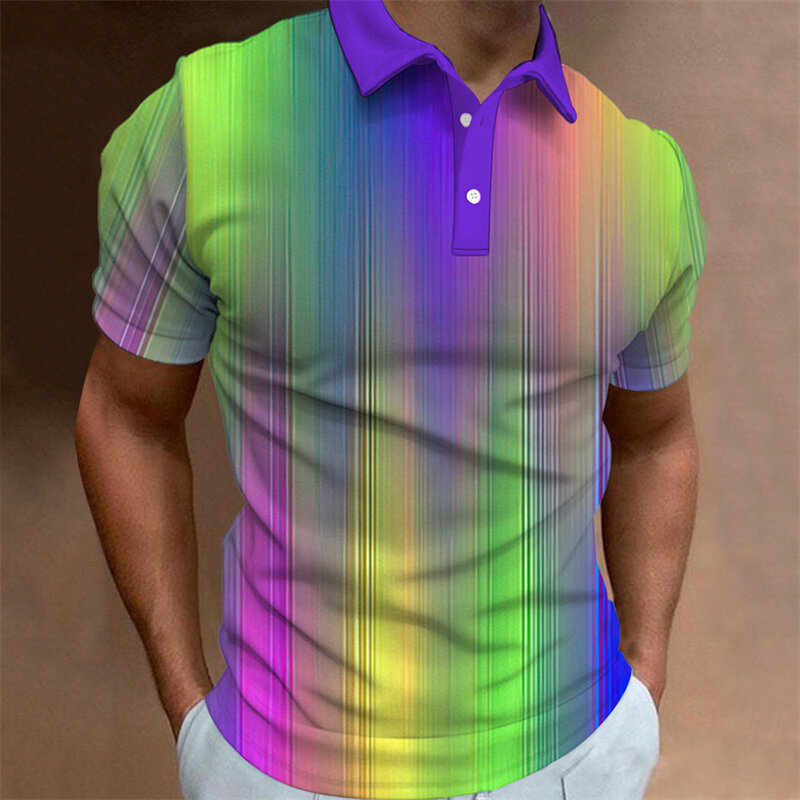 Kaus Polo motif garis grafiti warna 3D untuk pria, kemeja lengan pendek berkerah kebesaran kasual kancing Golf