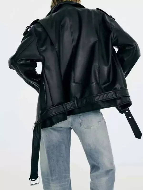 Jaqueta de couro falso solta para mulheres, estilo locomotiva, manga comprida, outerwear feminino, moda chique, vintage, novo, 2022, cinto, casaco