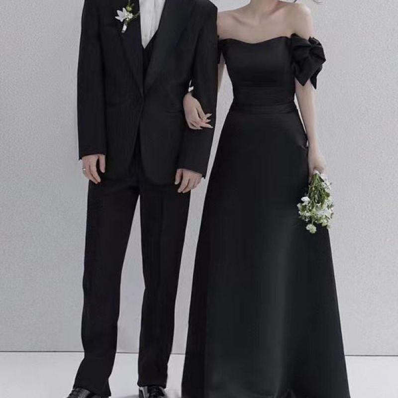 ชุดราตรีผ้าซาตินสีดำใหม่ผูกโบว์หวานแหววววยาวถึงพื้นแบบเรียบหรู sukienka wesele