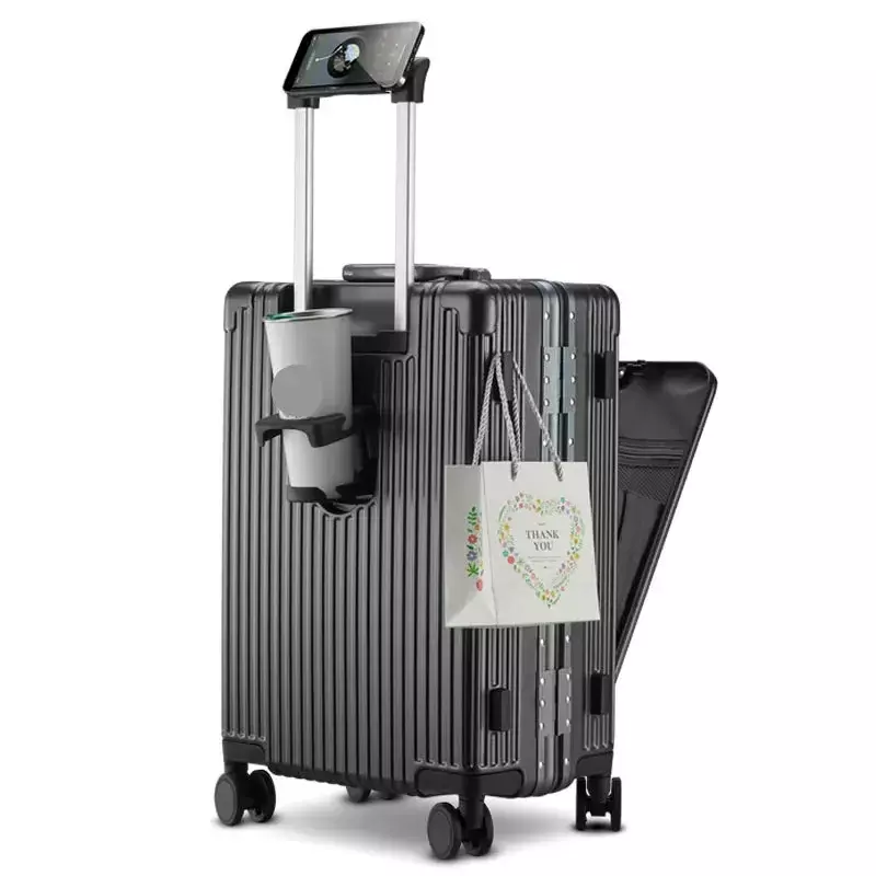 20 Inch Front Opening Aluminum Frame Rolling Luggage, USB Cup Holder, Phone Holder Opening Can Accommodate 15.6-inch Computer