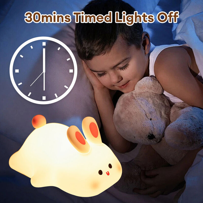 Cute Rabbit Silicone Night Lamp Touch Sensor Big Face Rabbit Pat Night Light Timing USB recarregável luz para o presente das crianças