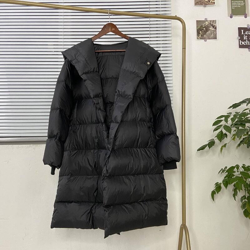 화이트 덕 다운 자켓 오버 코트 중간 길이 90% 고품질 솔리드 소프트 따뜻한 후드 라이트 럭셔리 겨울 코트 자켓, 여성용 오버 코트