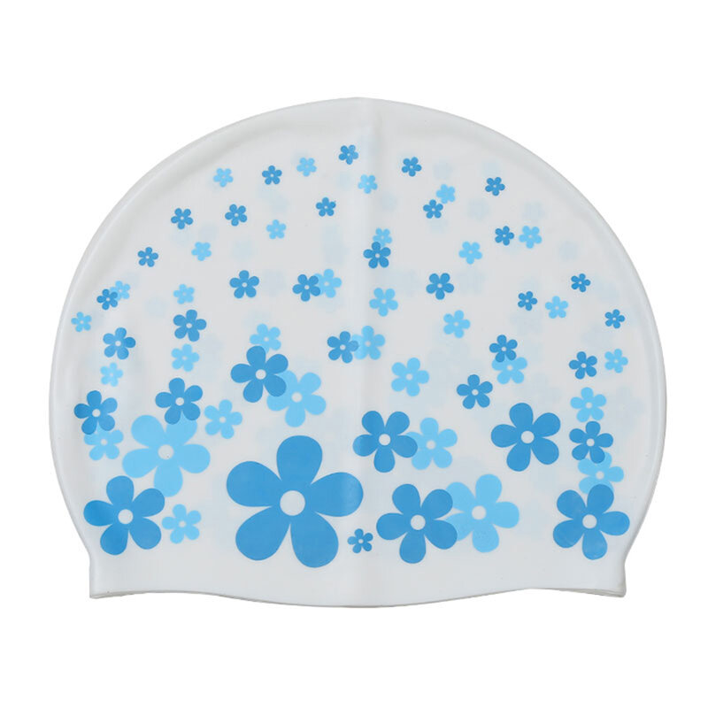 Topi renang silikon elastisitas tinggi, topi renang pelindung telinga motif bunga, topi mandi tahan air