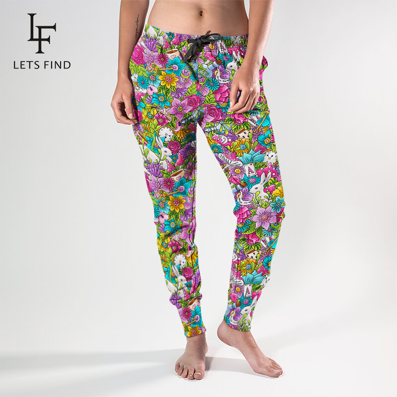LETSFIND New Colourful Patterns of Flowers and Rabbits Print Women Jogger Have Pocket  High Quaility Soft Streetwear