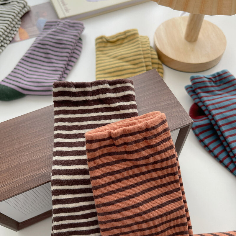 Retro Vớ Sọc Trẻ Em Nữ Ống Vừa Tất Mùa Xuân Và Mùa Thu Vớ Cotton Hàn Quốc Cổ Nhật Bản Socken