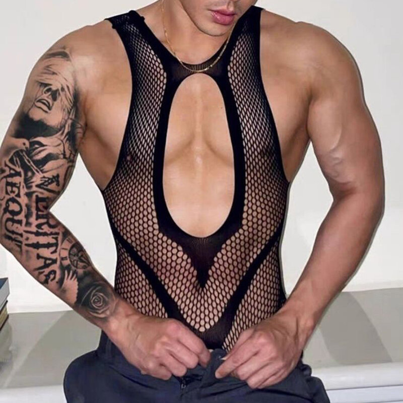 Erotic Crotchless Lingerie uomo calze nere calze a rete alte collant Sexy maglia LGBT Bodystockings uomo tuta tuta