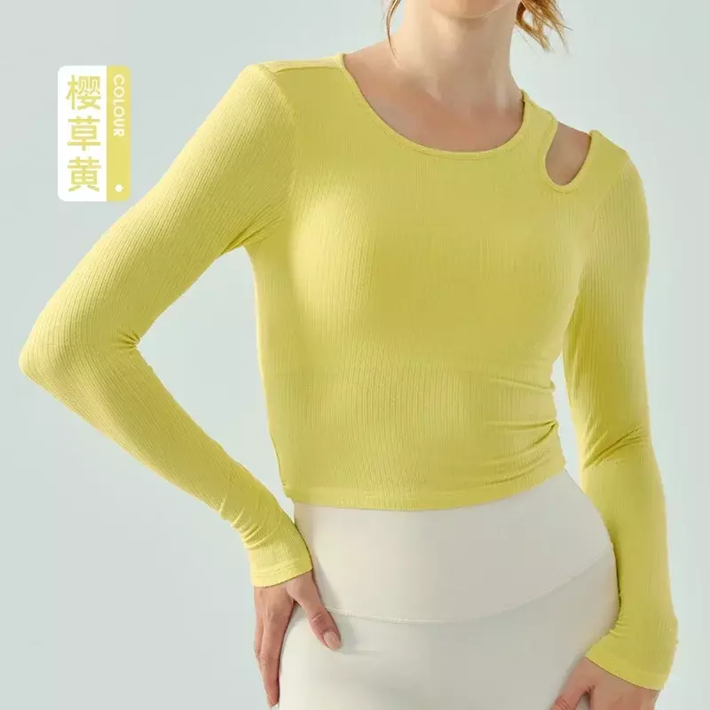 Rib Slim Yoga Clothes Long-sleeved Women With Chest Pads Are Slim and Wear Running and Aerobics Fitness Clothes Tops.