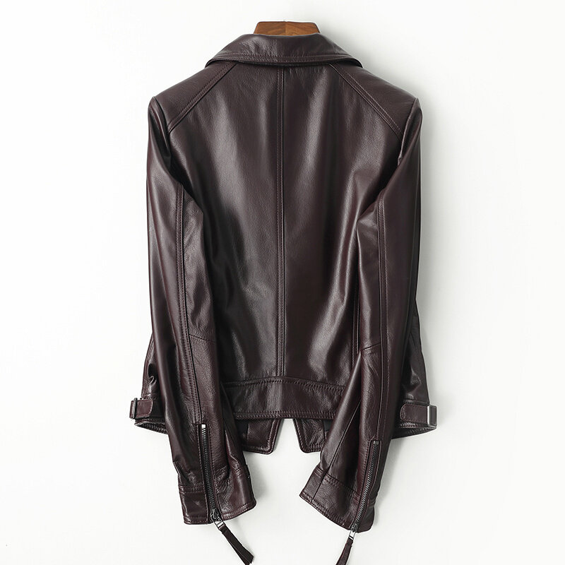 Jaket kulit asli baru musim semi musim gugur 2023 jaket kulit domba pendek wanita jaket motor merah anggur Jaqueta Femini
