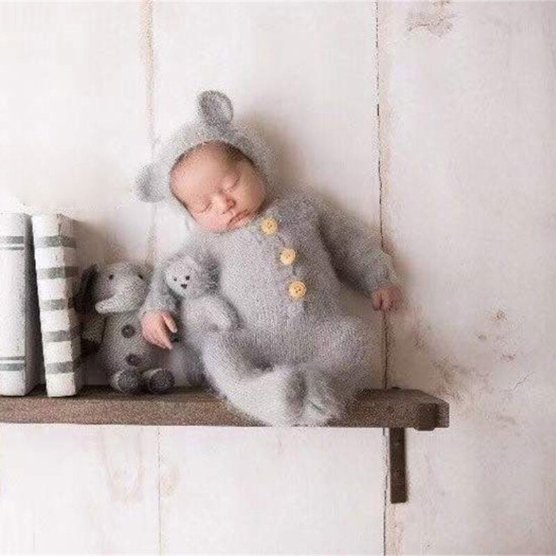 Pakaian fotografi baru lahir, topi telinga beruang dengan Romper, properti foto bayi