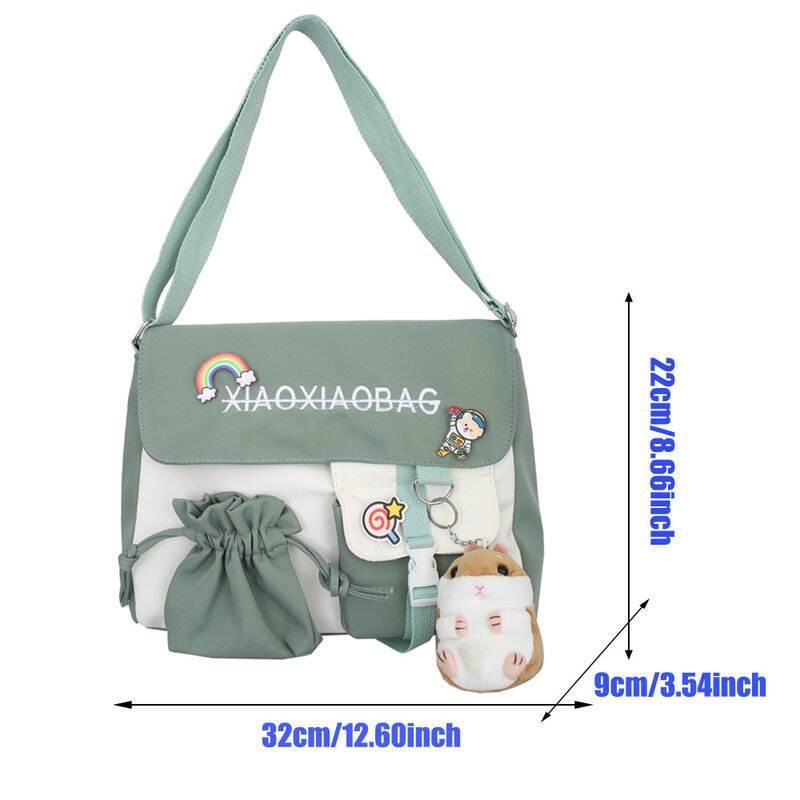 Kawaii Nylon Decor Messenger Bag, Flap Crossbody Bag, Large Capacity School Bag Casual Bookbag Fashion Shoulder Purse