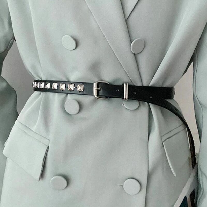 حزام من الجلد الصناعي مع برشام رقيق ، حزام معدني ، حزام عصري ، إكسسوارات عتيقة