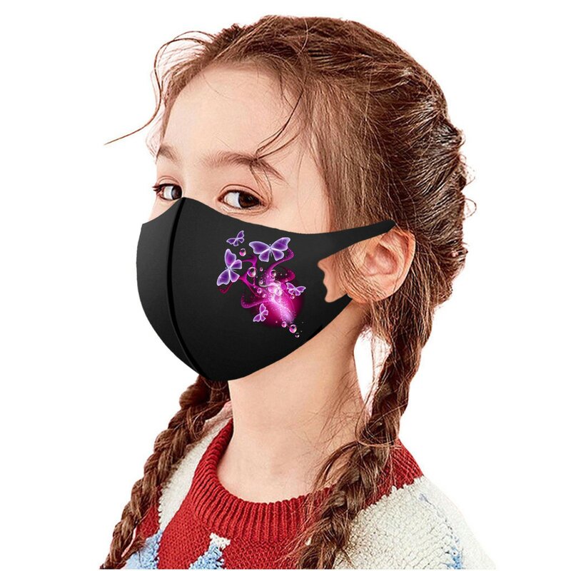 Máscara facial de algodão lavável para crianças, estampada com borboleta, respirável e confortável, dupla camada, elegante, amigável, 1pc
