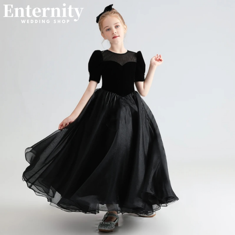 Suknia na przyjęcie urodzinowe sztruksowy tiulowy suknie dla małych druhen bufiaste rękawy dziewcząt ubiera się czarny koncert Junior