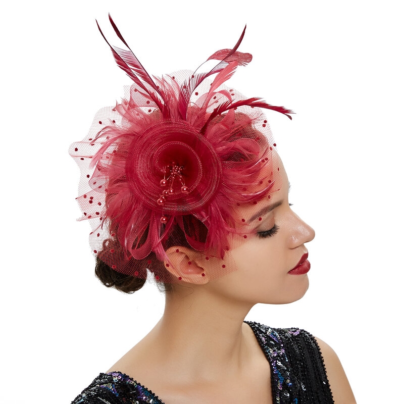 Vintage Pena Flor Fascinator Chapéu para Mulheres, Senhoras Acessórios para Cabelo, Casamento Festa Floral Malha Véu, Headband Hairpin