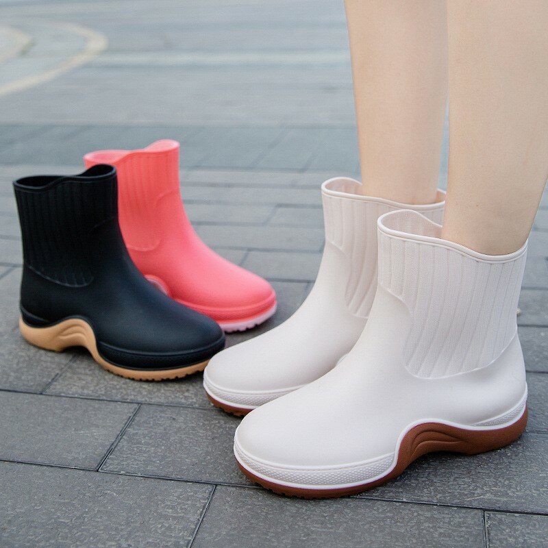 Sapato de chuva grosso impermeável antiderrapante para mulheres, sapatilhas de emenda, resistente ao desgaste, botas de chuva de trabalho, colorido, quatro estações