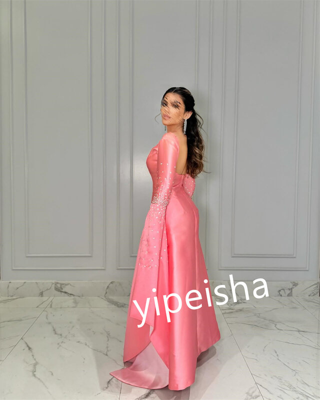 Satin Sequined Engagement A-line Boat Neck Bespoke Occasion Gown Long Dresses
