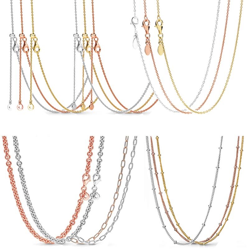 Rose Gold Vintage Silver Beaded Chain Adjustable Basic Necklace 925 Sterling Silver Necklace For Bead Charm DIY Gift Jewelry