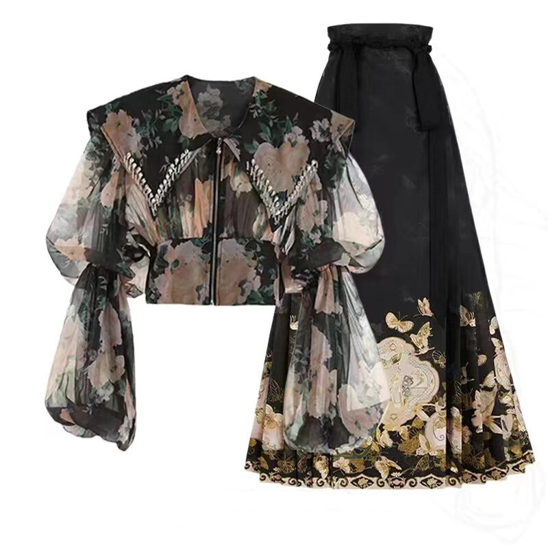 Top floral francês high-end para mulheres, saia emagrecedora de cintura alta, conjunto de duas peças combinando, moda primavera, novo, 2022