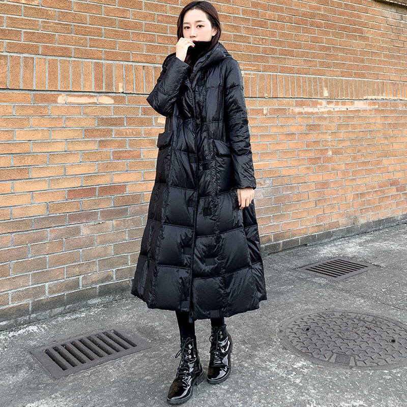 2023 Winter New European High End Down Coat Women Mid Length Single Breasted Windproof Hood Loose Warm White Duck Down Coat