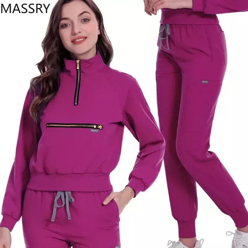 Uniformes de manga comprida com calças de bolso Scrub Tops Conjunto de esfrega médico Ternos de jogging Vestuário de salão de beleza Moda