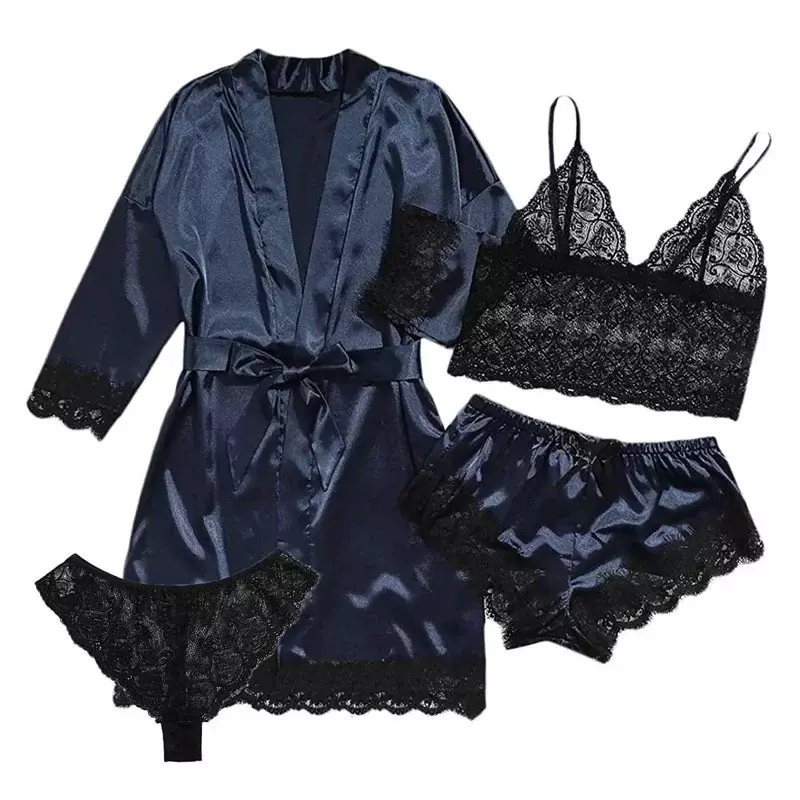 Pijama de seda renda com suspensor feminino, conjunto de 4 peças, camisola sexy, roupa íntima, roupa de noite, tops e shorts, novo, 2024