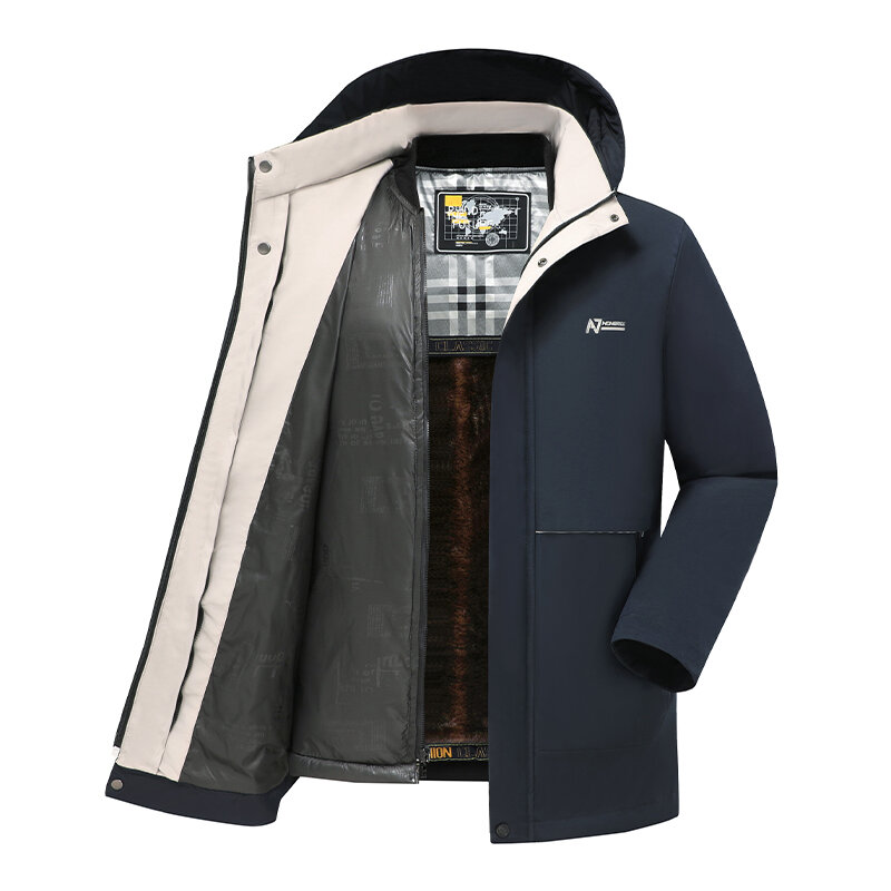 Casaco de algodão espesso masculino, casaco quente solto com chapéu destacável, jaqueta à prova de vento com capuz, novo, 2023